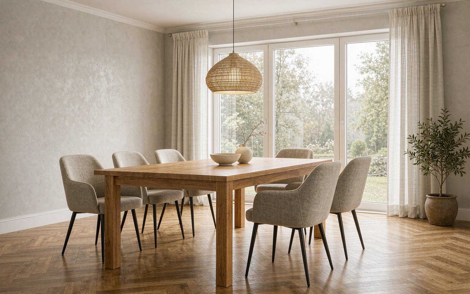 Comedor familiar con mesa de madera maciza y sillas tapizadas junto a ventanales