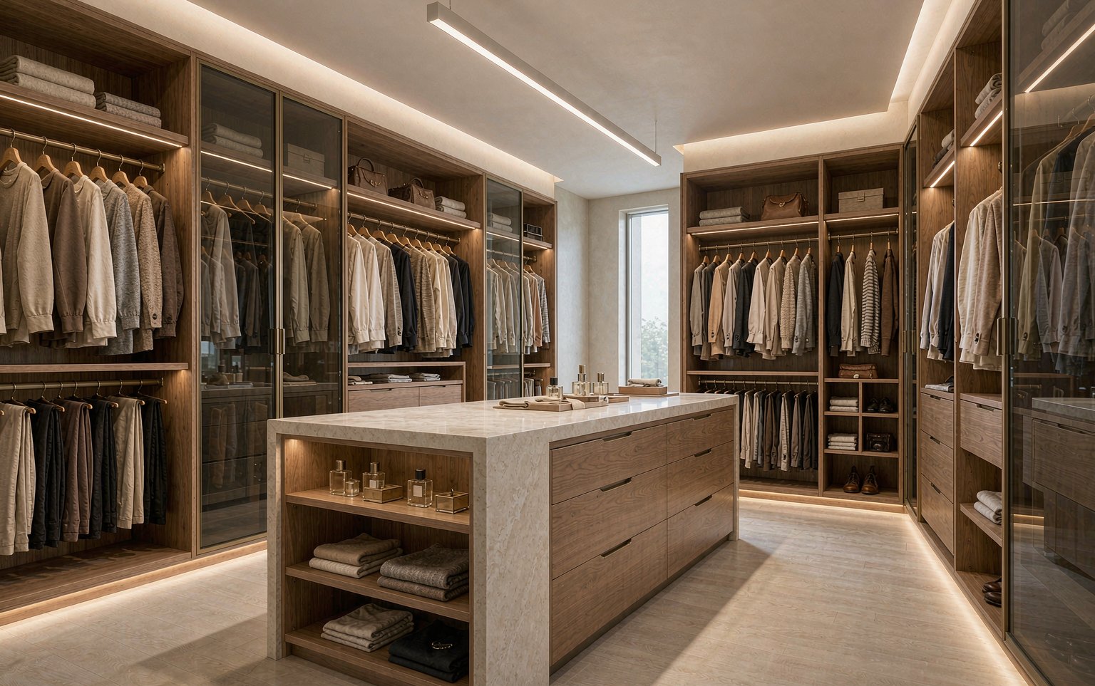 Vestidor walk-in con módulos abiertos de roble, isla central y mampara de vidrio ahumado