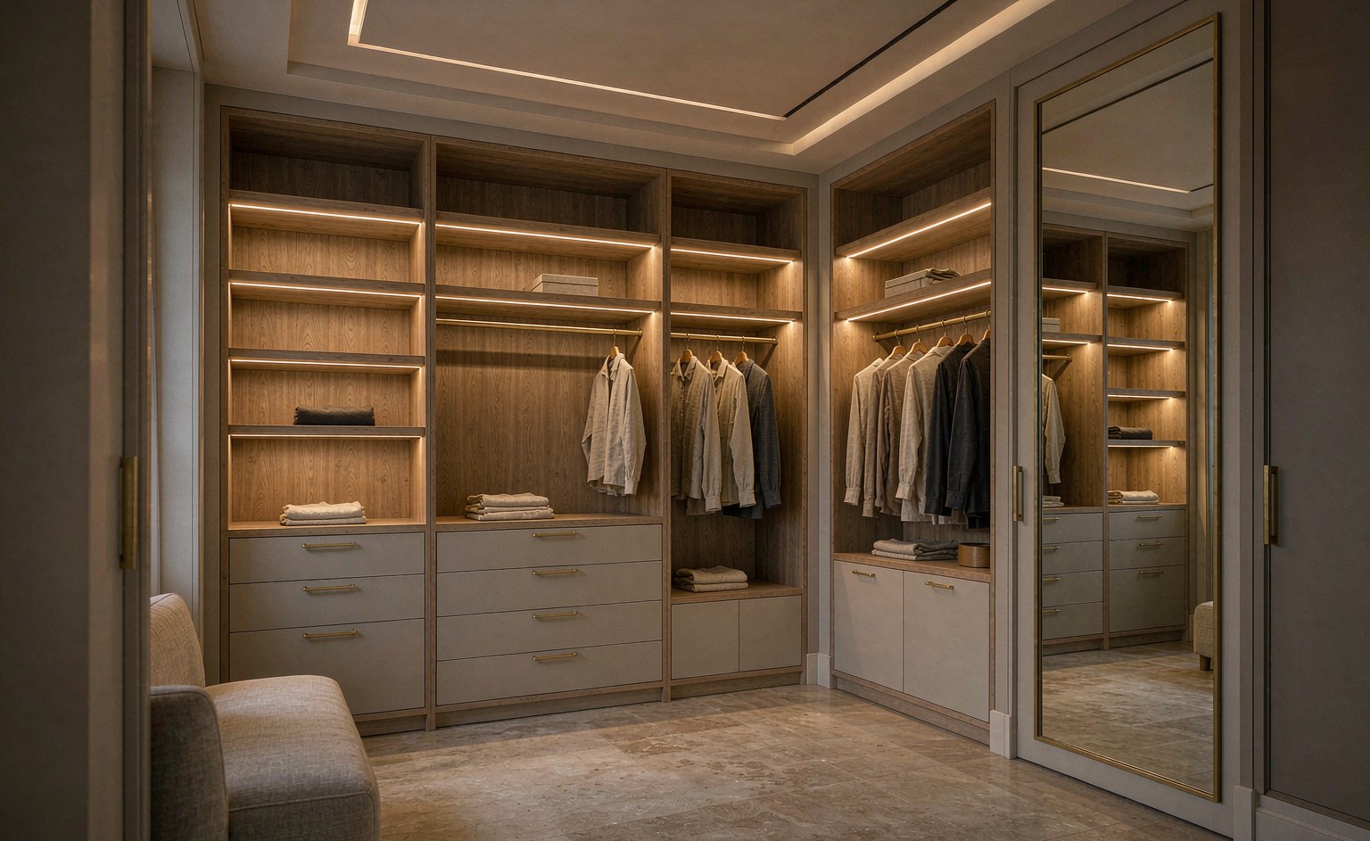 Vestidor de una villa con muebles a medida, tiradores de latón y luz de tira LED cálida
