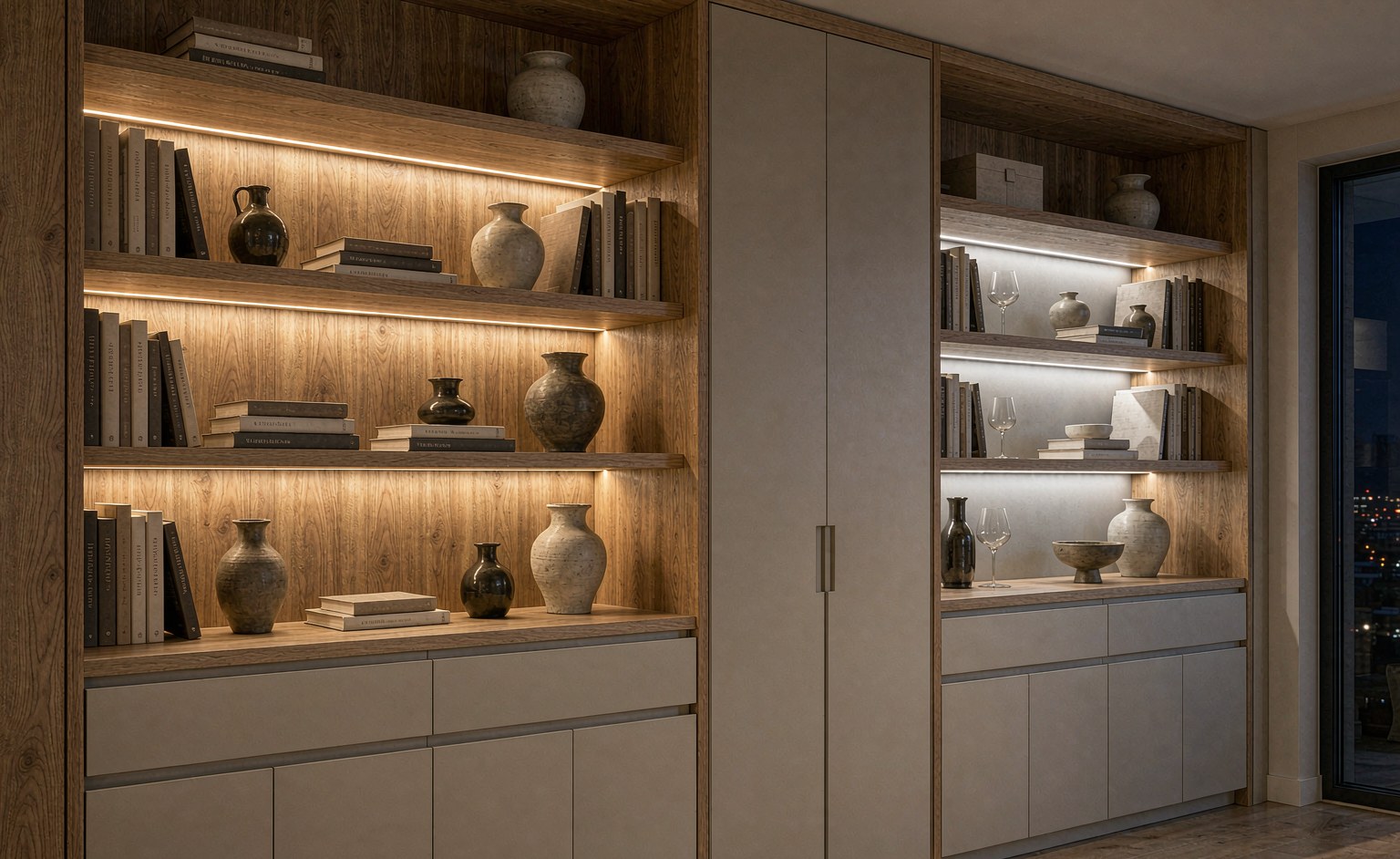 Estantes de madera de un mueble a medida iluminados con tiras LED cálidas y objetos decorativos.