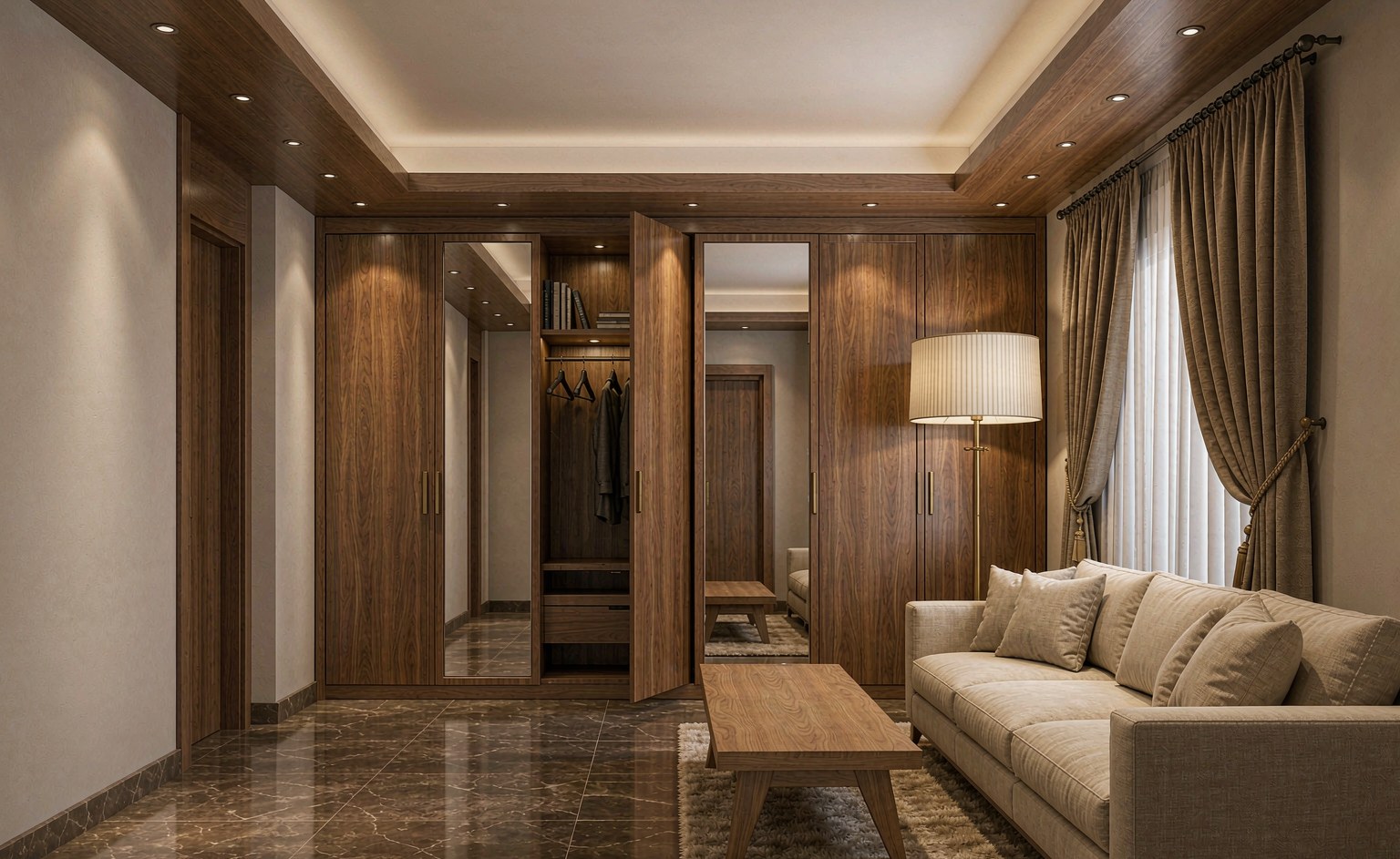 Vestidor de una villa con armarios a medida de nogal y una puerta abierta que muestra los estantes interiores