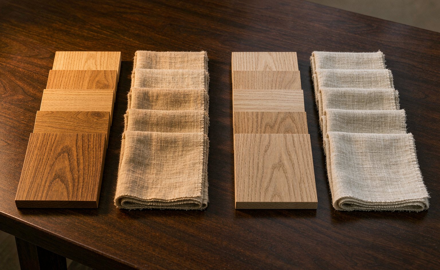Grupos de muestras de madera de roble y tejido de lino bajo luz cálida y luz neutra sobre una mesa de nogal.