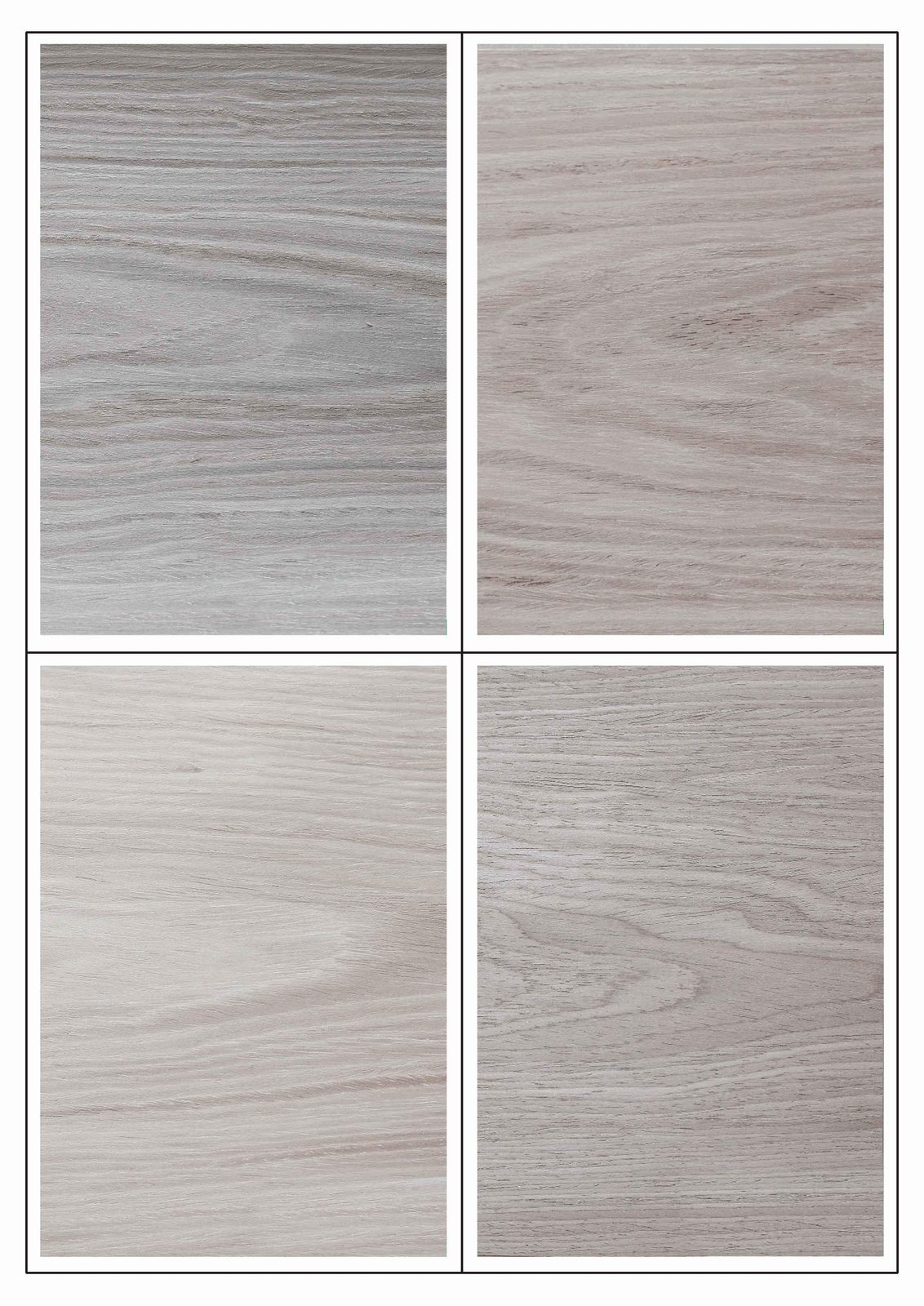 Grupo de cuatro chapas de madera de roble en tonos grisáceos comparadas sobre fondo blanco.