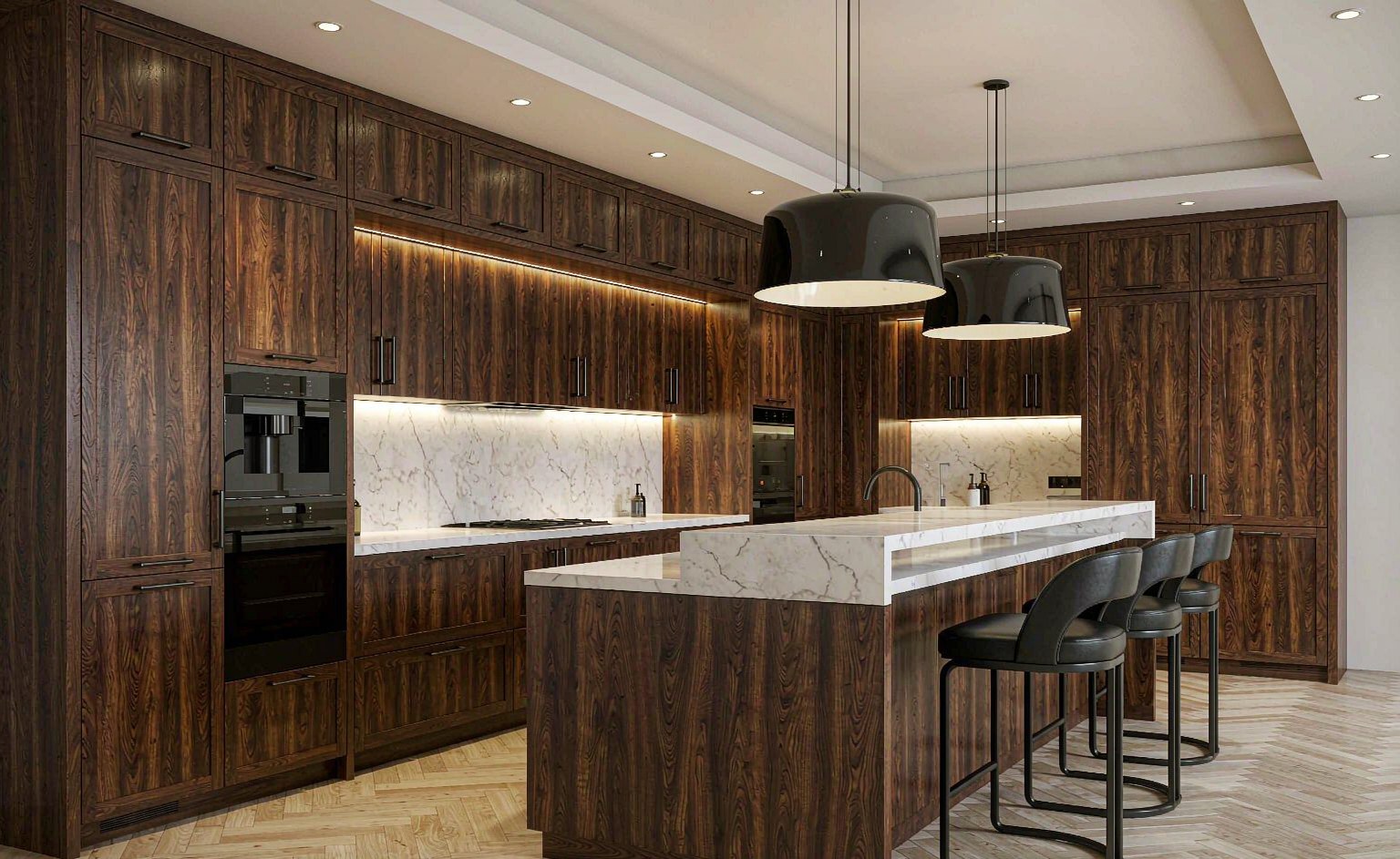 Salón de una villa con panelado de nogal a medida, pared de piedra natural espejada y sofás de lino bajo luz cálida