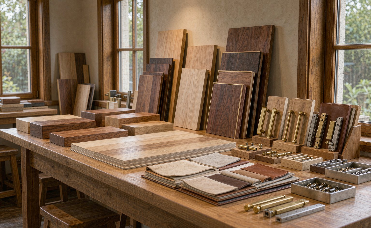 Sala de muestras de un taller de ebanistería con chapas, herrajes y tableros sobre un banco de madera