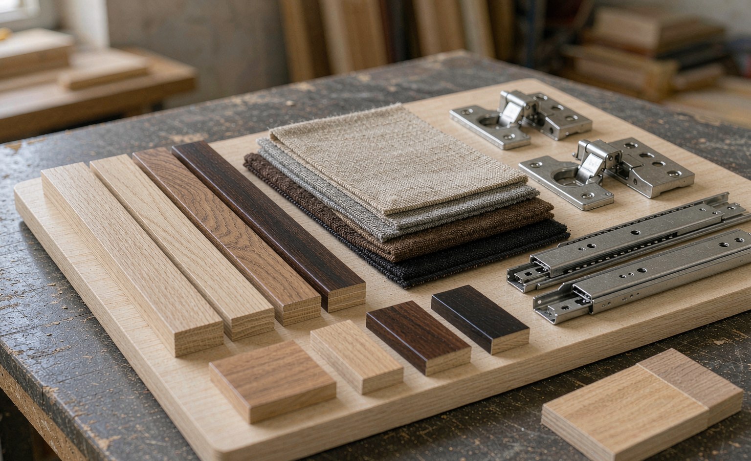 Probetas de chapa, tejido, bisagras y guías sobre una mesa de muestras de taller
