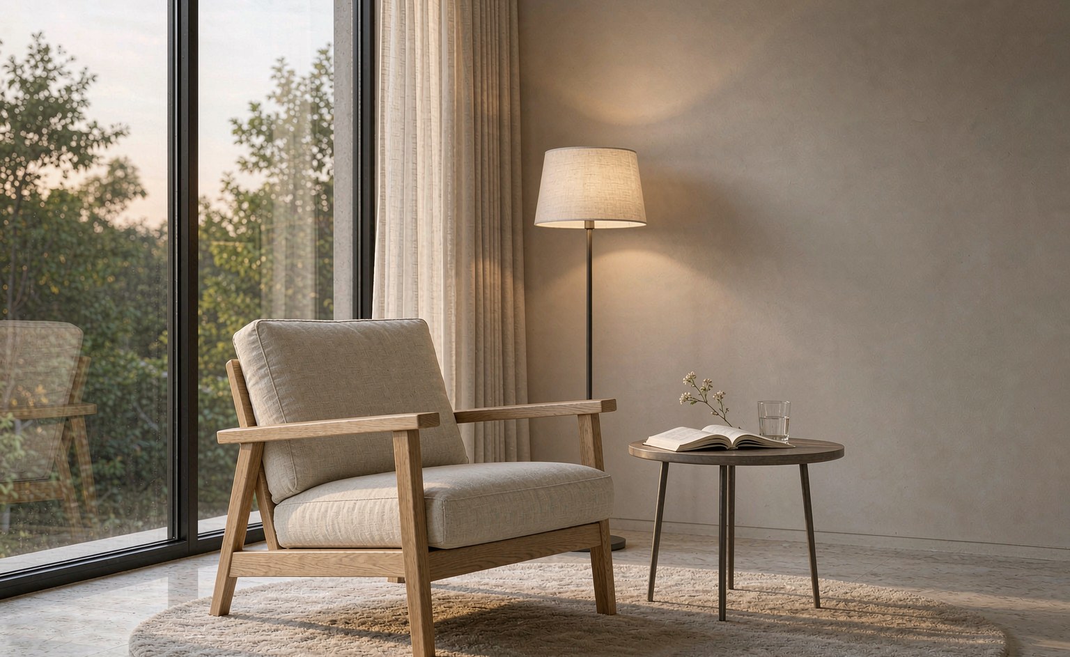Butaca de tejido claro con bastidor de madera visto junto a una ventana de altura completa, una mesa auxiliar circular y una lámpara de pie en el rincón de lectura de un salón de villa