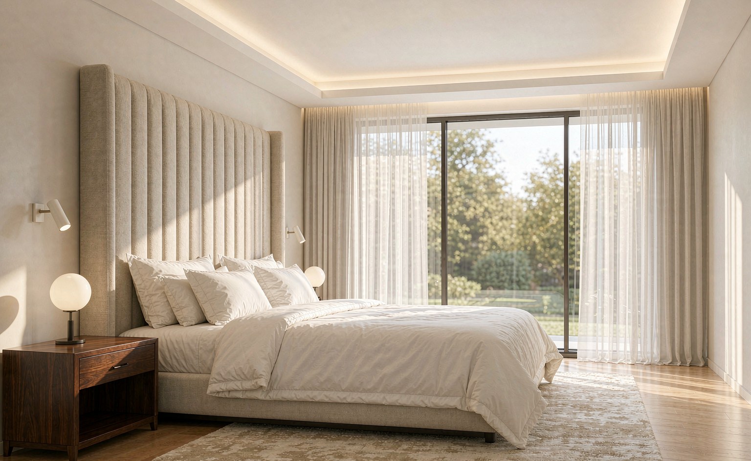 Dormitorio de villa con un cabecero alto tapizado en tela beige de acanalado vertical, una mesilla de noche de madera oscura con lámpara esférica y una ventana de altura completa