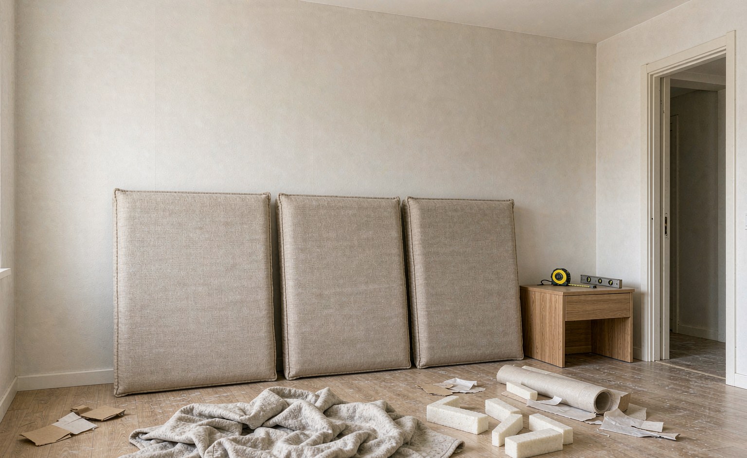 Tres tramos de cabecero tapizado en tela beige apoyados contra la pared con manta protectora y esquineros en el suelo