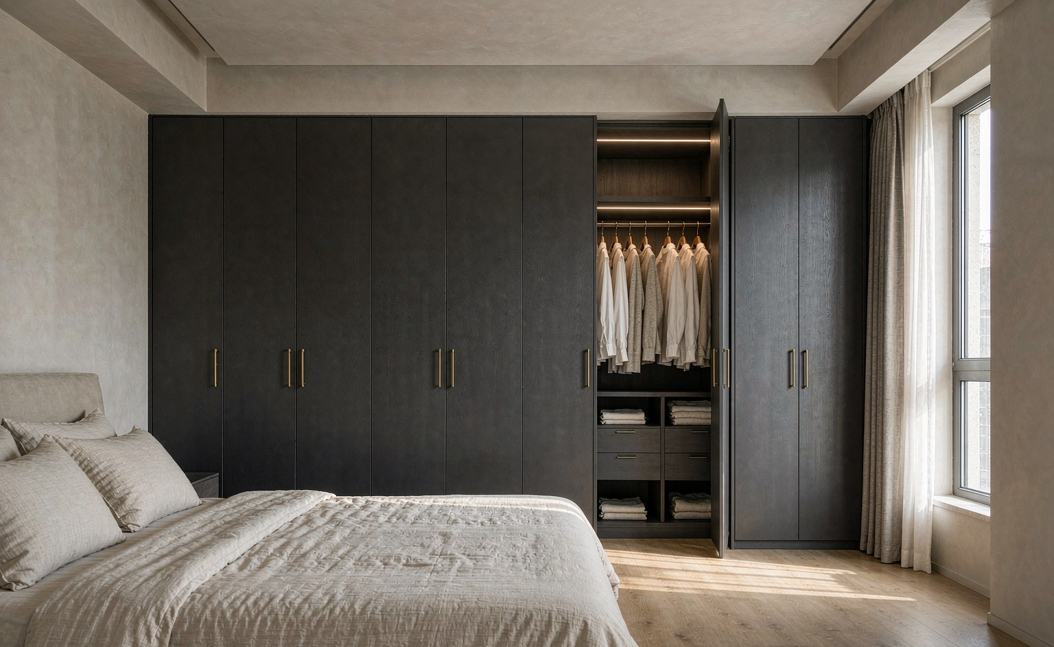 Armario empotrado de pared completa con puertas de madera gris mate y tiradores de latón en el dormitorio principal de una villa