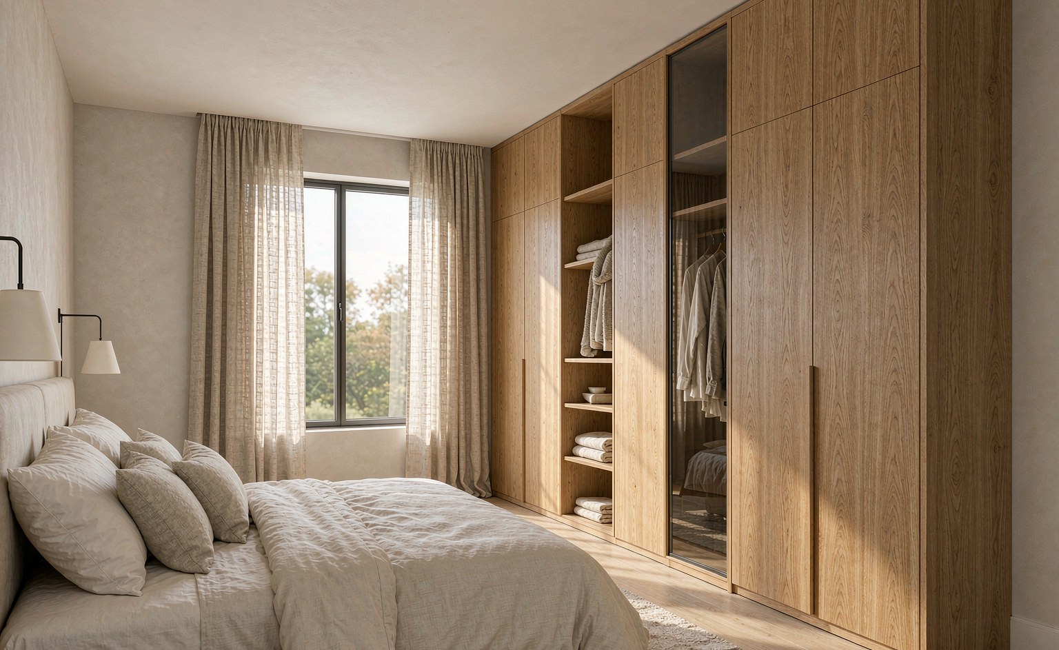 Dormitorio de villa con armario a medida de roble de altura completa y cantos sellados junto a la cama