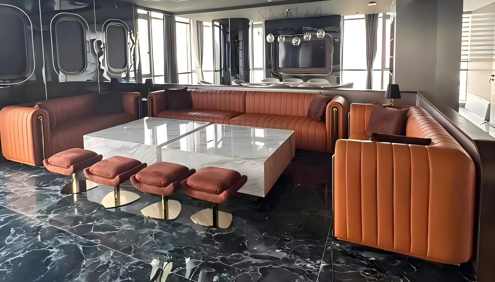Salón de villa con mobiliario a medida y veta continua en paneles