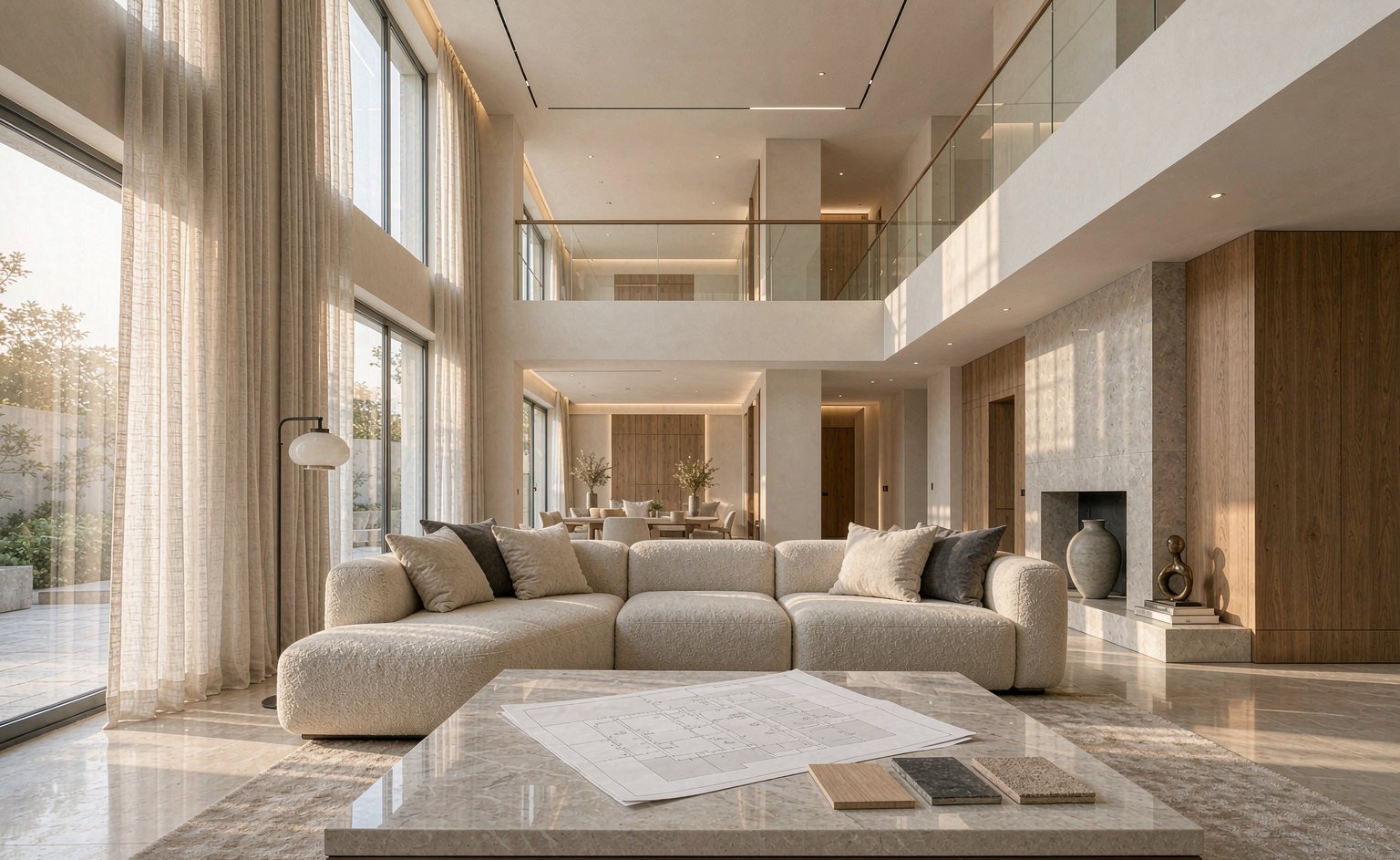 Salón de villa de doble altura con sofá modular crema y plano sobre la mesa de centro