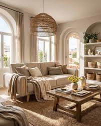 Sala pequena con sofa beige de dos plazas, mantas decorativas, mesa de centro de madera y lampara de mimbre colgante