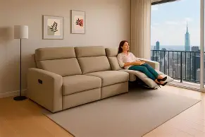 Sofá reclinable color crema con mecanismo de respaldo ajustable y pierna extendida en sala con ventanal panoramico