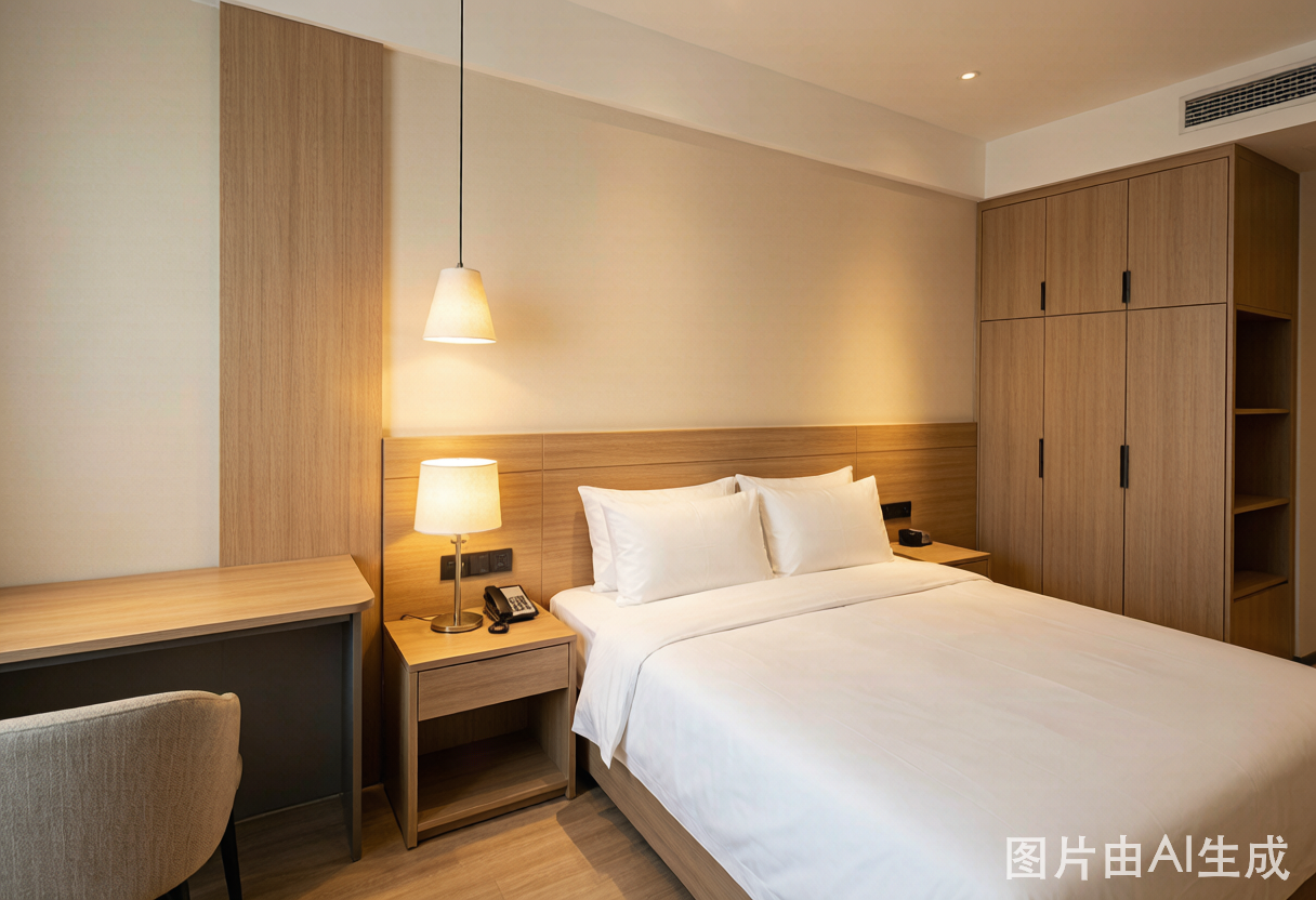 Habitación de hotel con mobiliario comercial - guía de costo de FF&E 2026