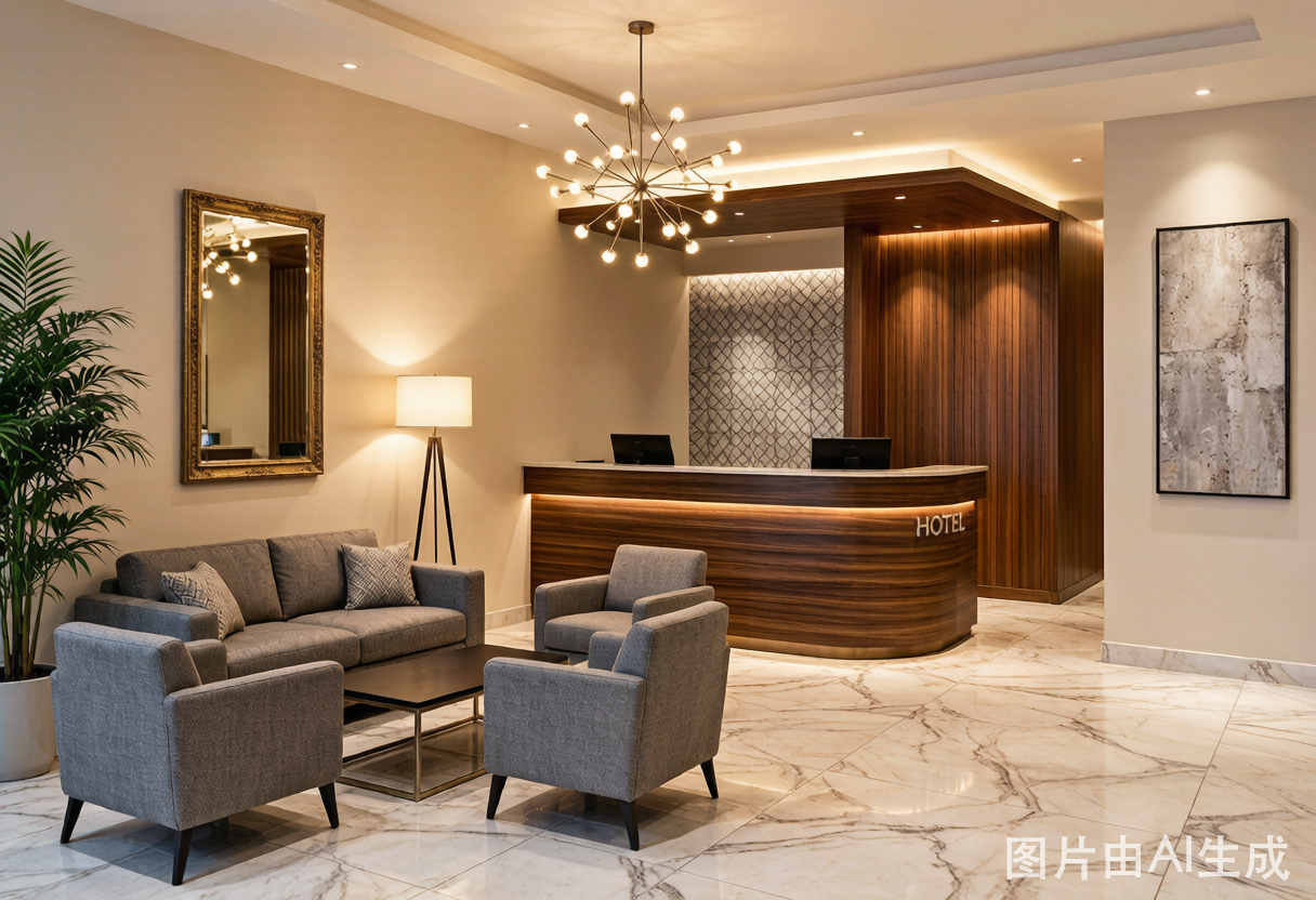 Lobby de hotel con mostrador de recepción de madera, zona de estar con sofás y sillones, iluminación moderna y piso de mármol