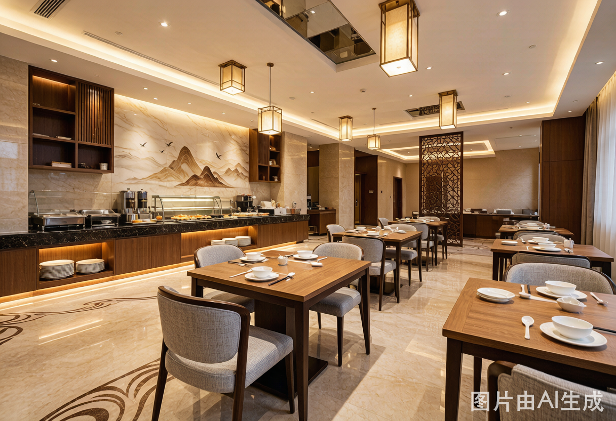 Restaurante de hotel con mesas de madera, sillas tapizadas, estación de buffet e iluminación cálida - mobiliario comercial para hotelería