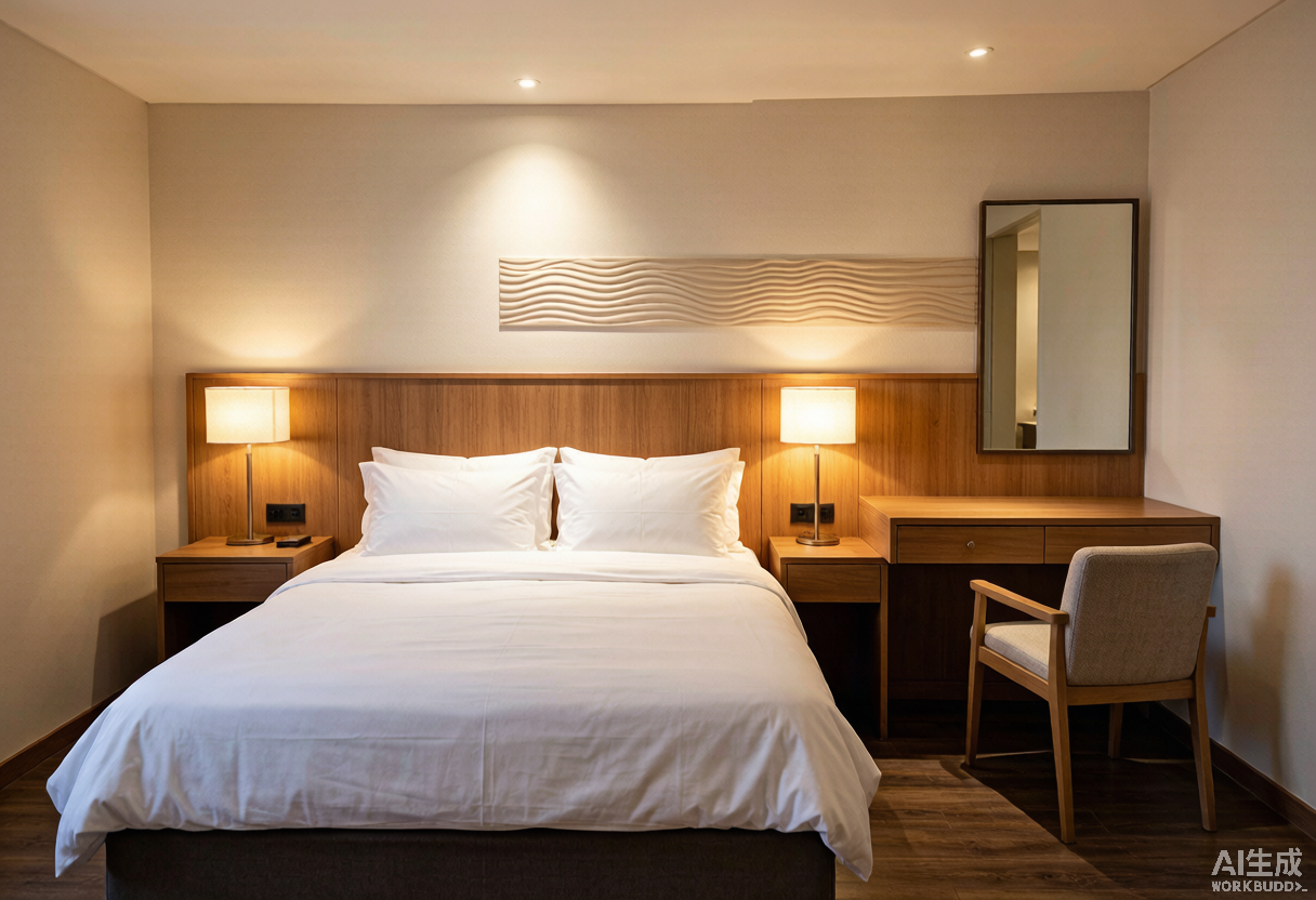 Habitación de hotel mid-scale con cama matrimonial, cabecera de madera, mesitas con lámpara y escritorio mural - mobiliario hotelero comercial