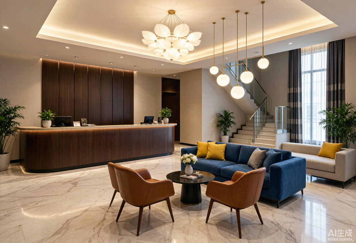 Lobby de hotel con mostrador de recepción de madera, zona de estar con sofás y sillones, iluminación moderna y piso de mármol