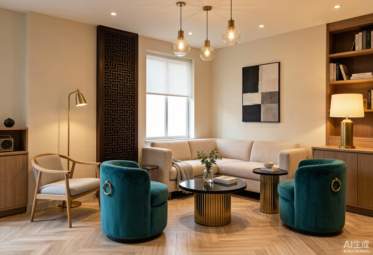 Lounge de hotel boutique con muebles de diseñador, sillones de terciopelo, detalles en latón e iluminación cálida - interiorismo boutique