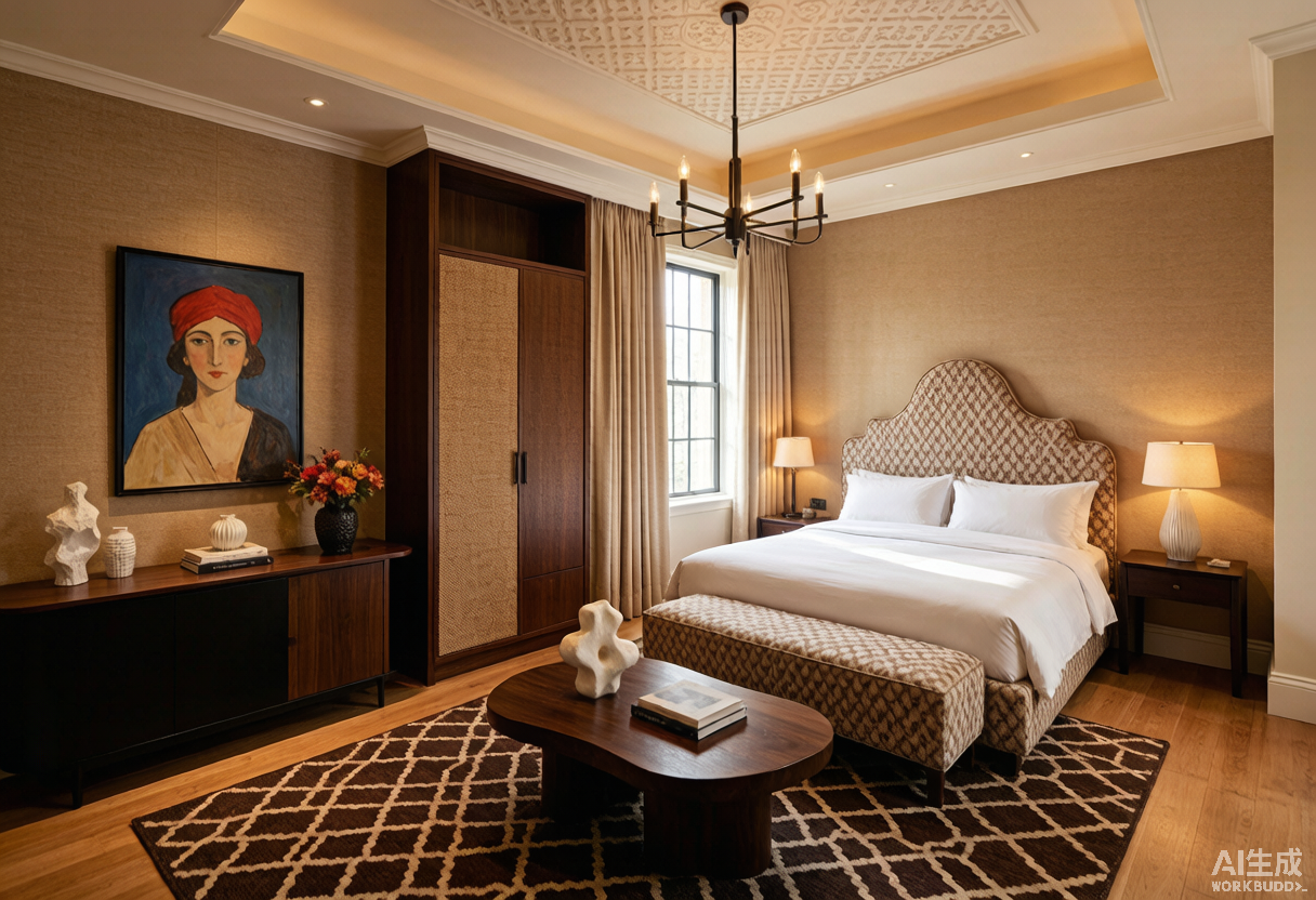 Habitación de hotel boutique con muebles de diseñador ecléctico, cama tapizada, armario a medida y decoración artesanal con tonos cálidos