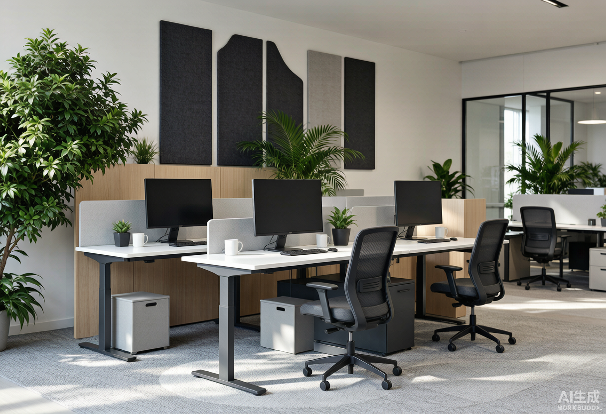 Oficina de planta abierta moderna con escritorios sit-stand ergonómicos, paneles acústicos, sillas de trabajo, plantas y luz natural - mobiliario de oficina comercial