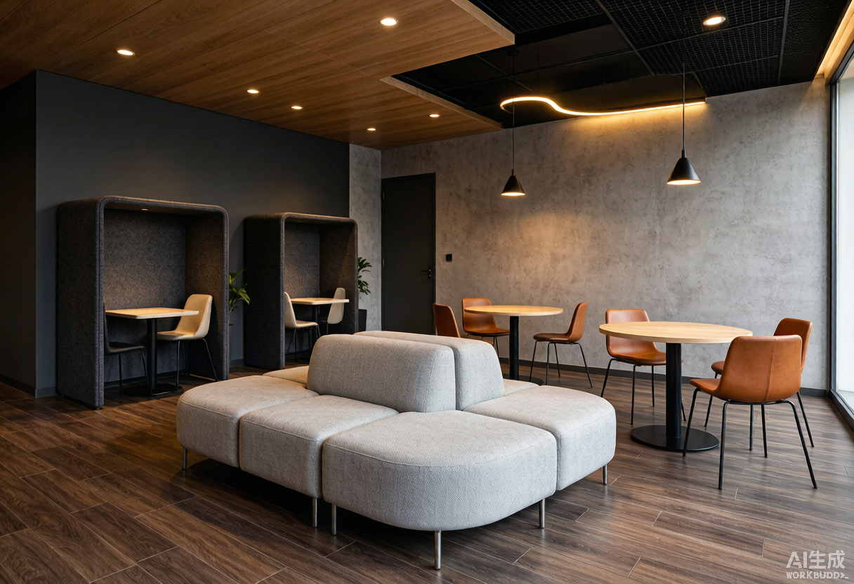 Zona lounge de oficina moderna con sofá modular, mesas de reunión, cabinas acústicas e iluminación cálida - mobiliario corporativo