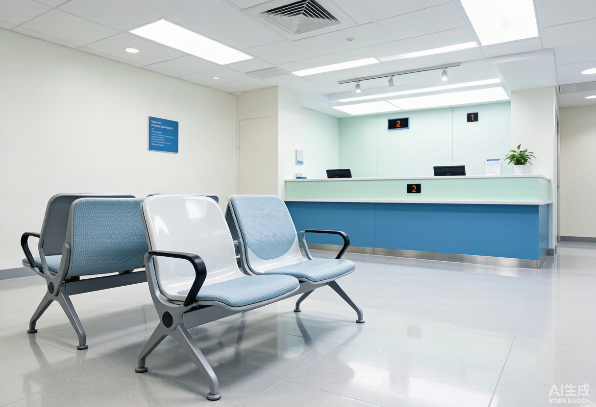 Sala de espera de urgencias de hospital con sillas comerciales duraderas, escritorio de recepción de triage e interior de salud limpio y brillante