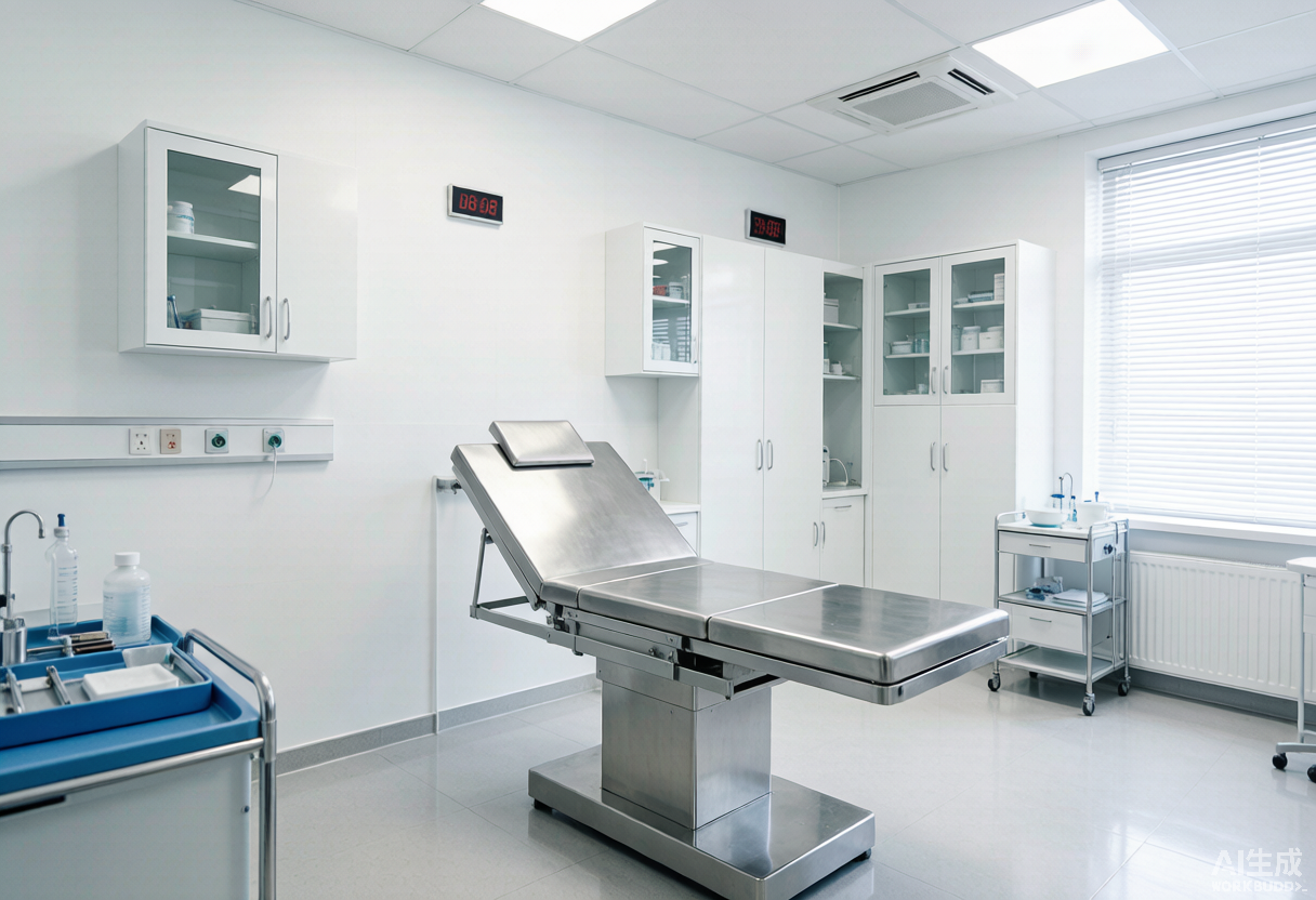 Sala de tratamiento de hospital con camilla de examen médico, mobiliario clínico y gabinetes - interior de salud limpio y brillante