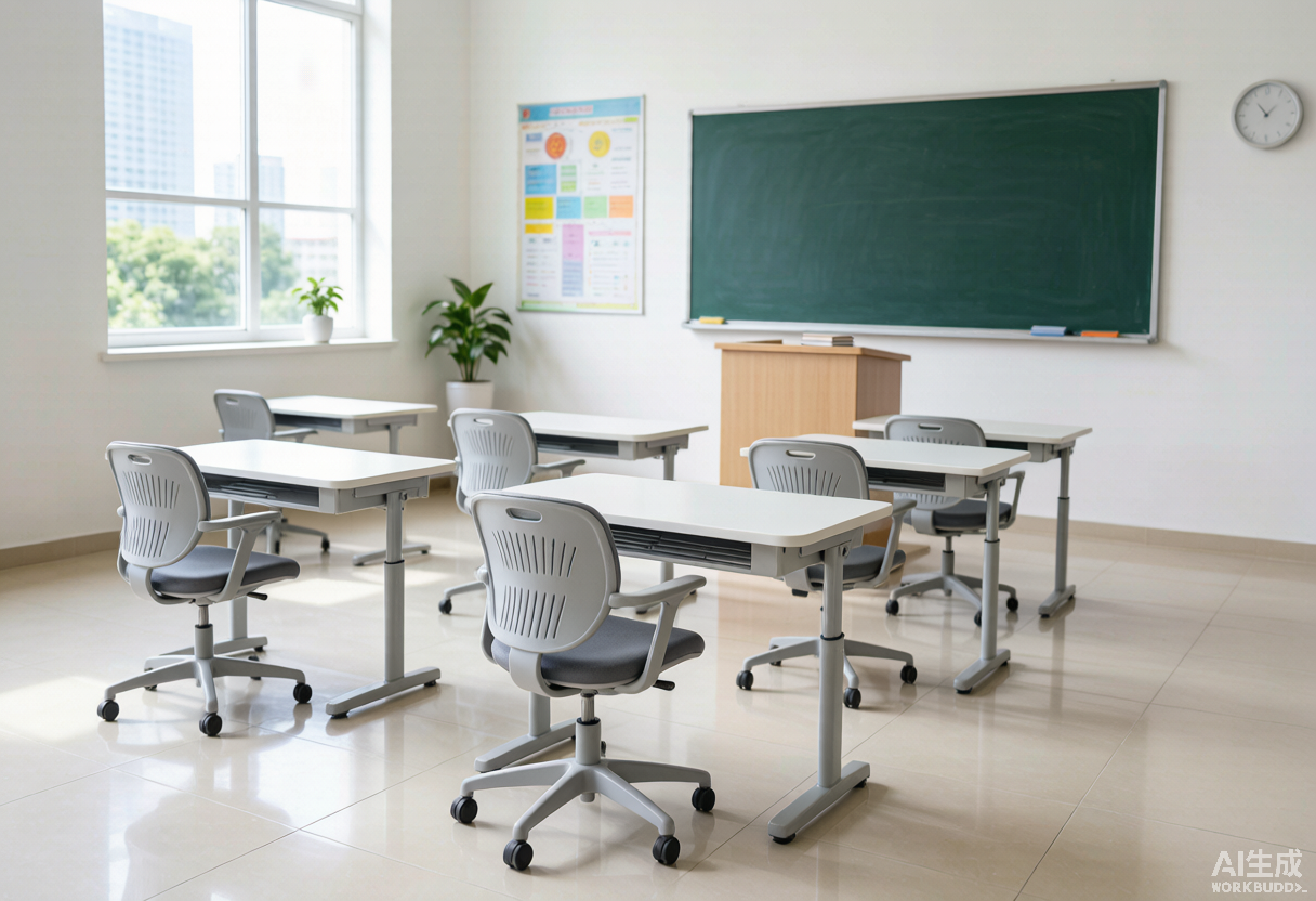 Aula escolar con mesas y sillas ergonómicas ajustables para estudiantes, ambiente de aprendizaje brillante y mobiliario educativo