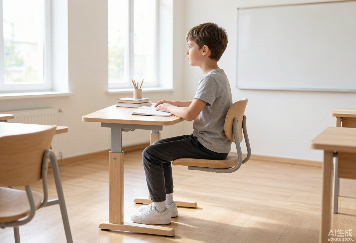 Estudiante sentado en un escritorio escolar ergonómico de tamaño correcto con postura adecuada, vista lateral, aula brillante