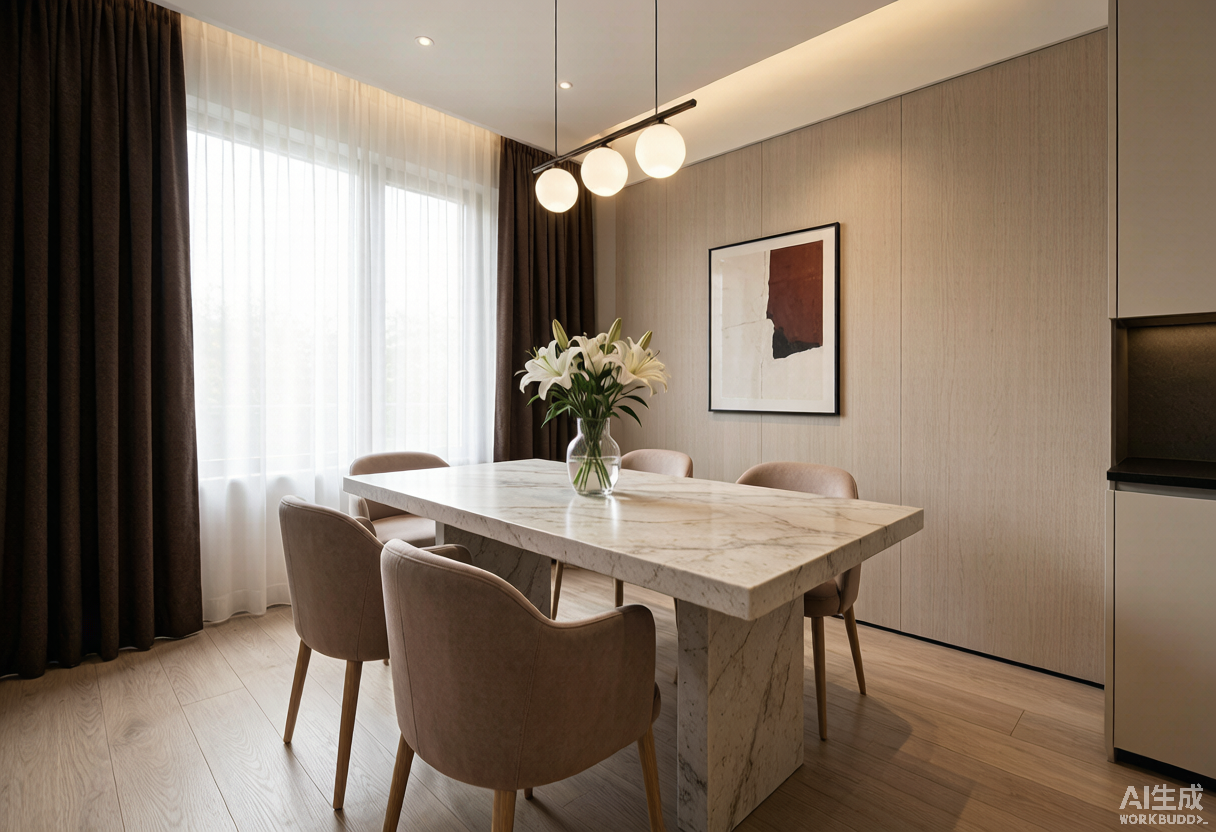 Mesa de comedor moderna de piedra sinterizada de 12mm con base de acero en un comedor elegante y luminoso