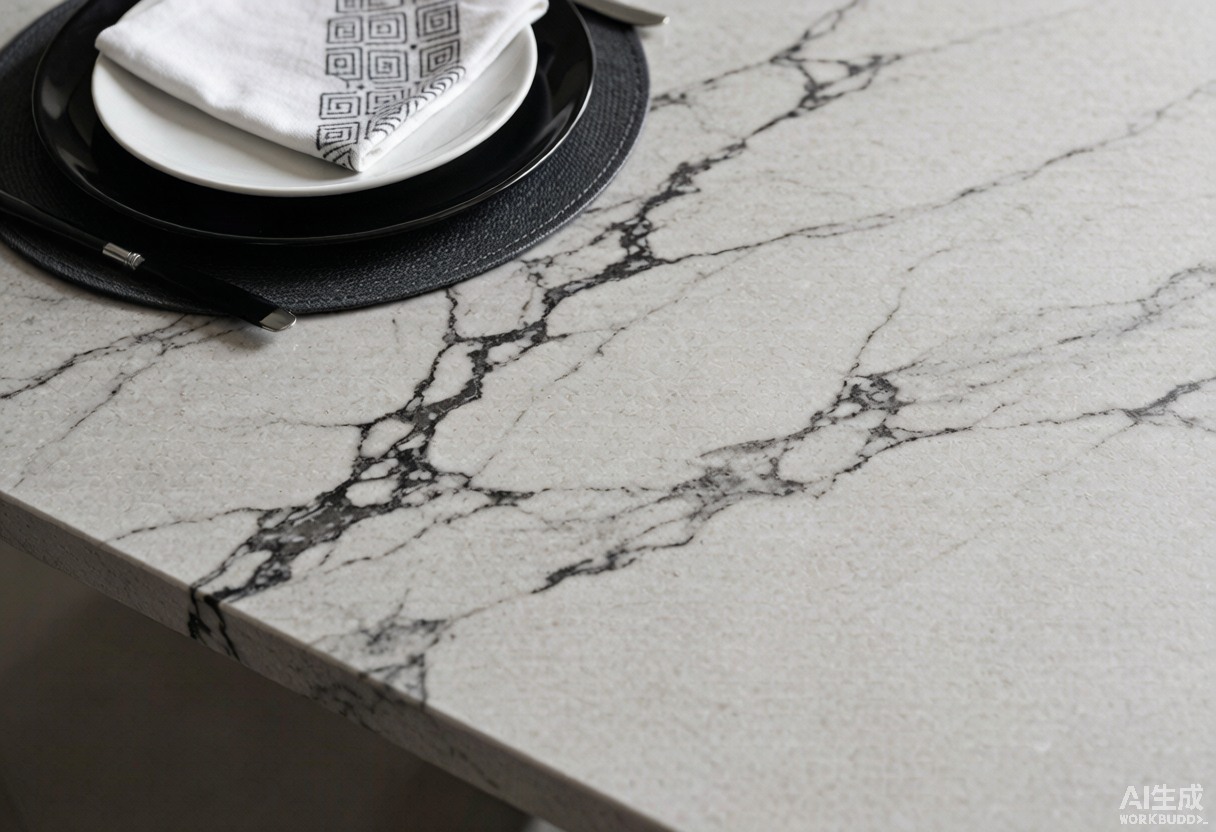 Primer plano de la superficie de piedra sinterizada con veteado estilo Calacatta, mostrando textura no porosa y borde biselado
