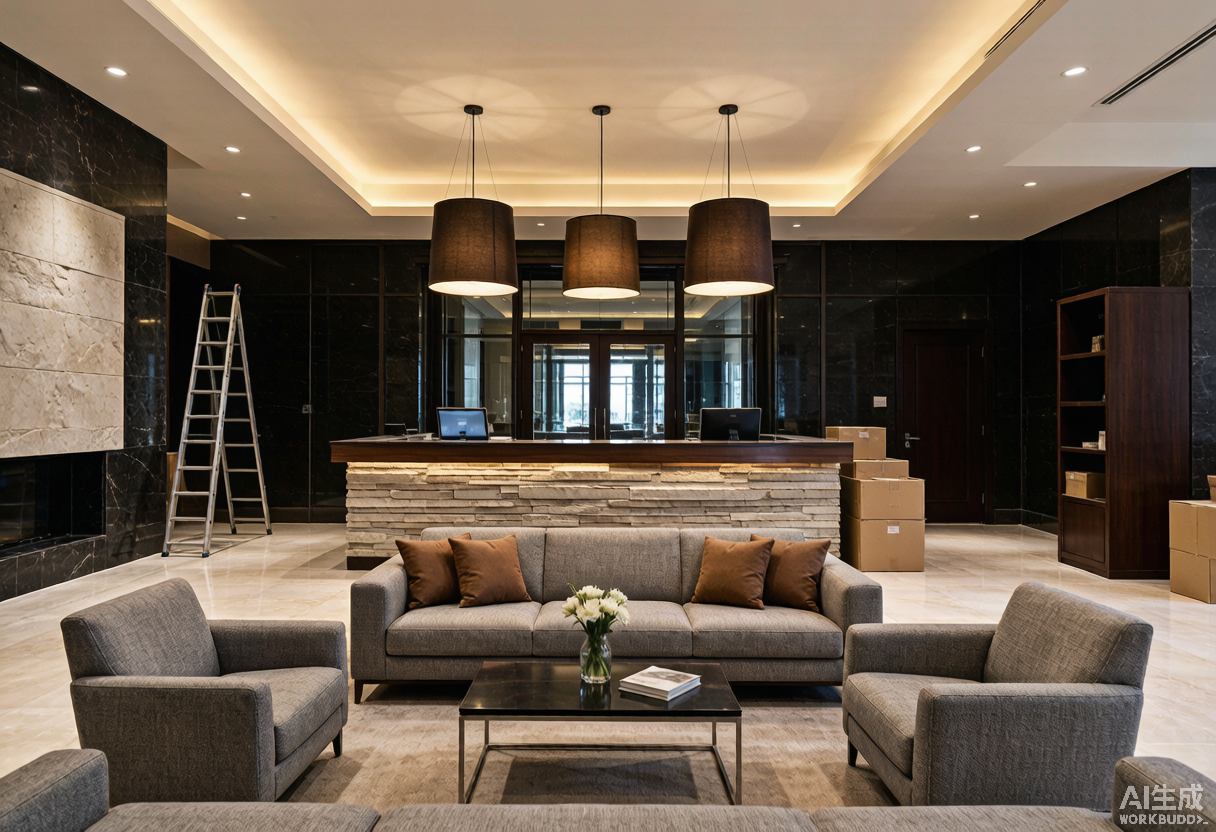 Lobby de hotel upscale renovado con recepción de piedra, sofás de contrato y lámparas de autor