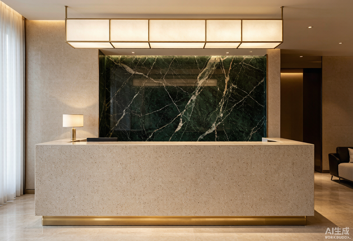 Recepción de lobby de hotel de lujo en piedra sinterizada con iluminación de autor y detalles dorados
