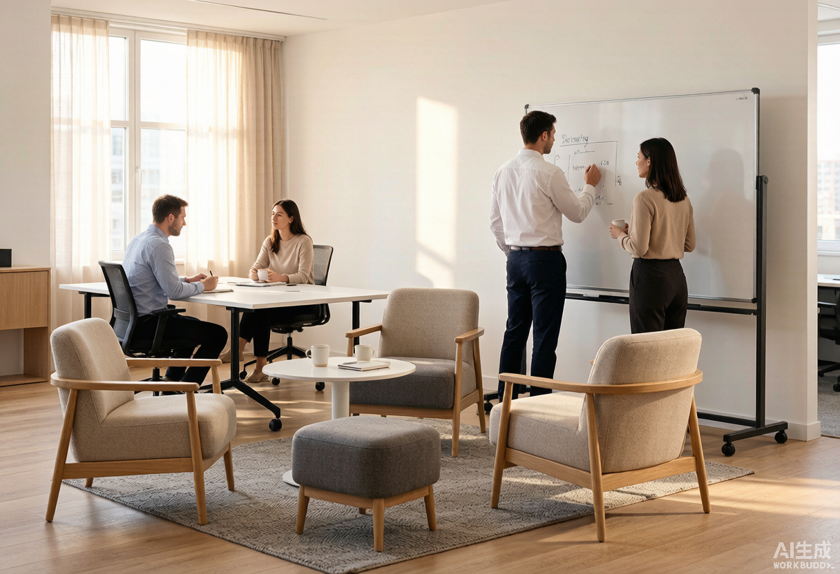 Zona de colaboración de oficina con mesas móviles, soft seating y pizarras sobre ruedas