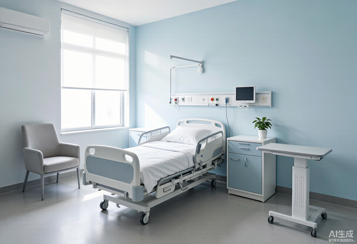 Habitación de paciente de hospital moderno con cama eléctrica, mesa de noche HDPE y sillón de acompañante