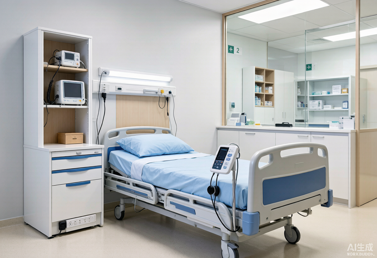 Unidad de hospital con cama inteligente, panel de control integrado y mobiliario modular de grado médico