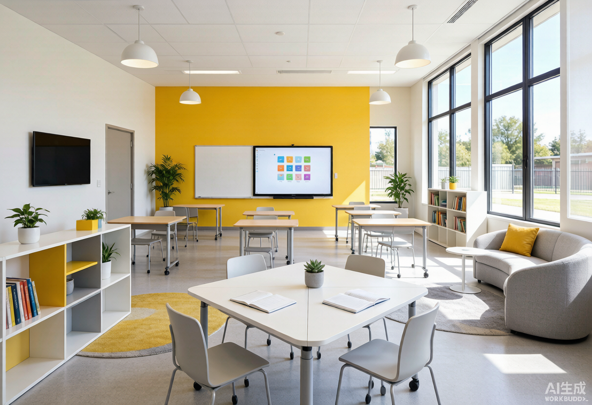 Aula K-12 moderna con zonas flexibles, mesas colaborativas con ruedas y pupitres de altura regulable
