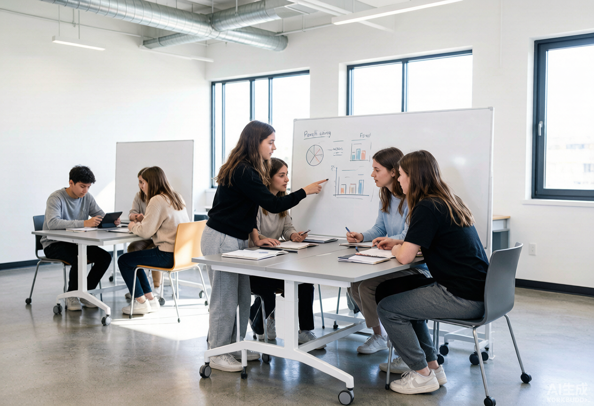 Estudiantes trabajando en grupos con mesas colaborativas móviles y pizarras sobre ruedas