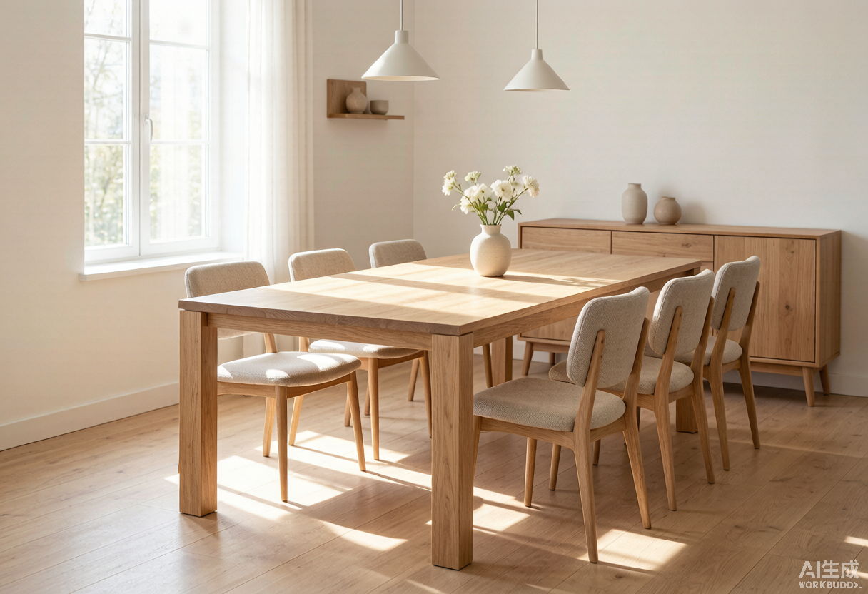 Mesa de comedor rectangular de madera maciza para 6 personas en comedor luminoso