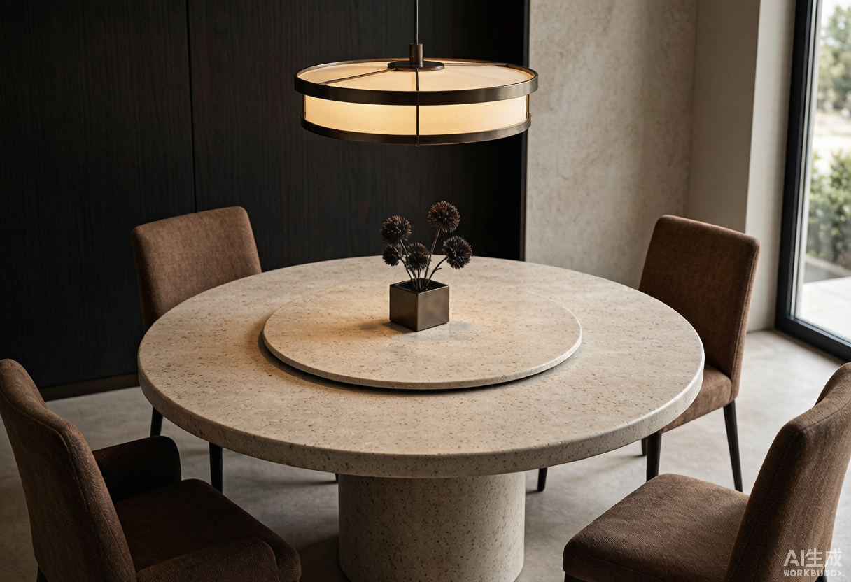 Mesa de comedor redonda de piedra sinterizada con sillas tapizadas en comedor moderno