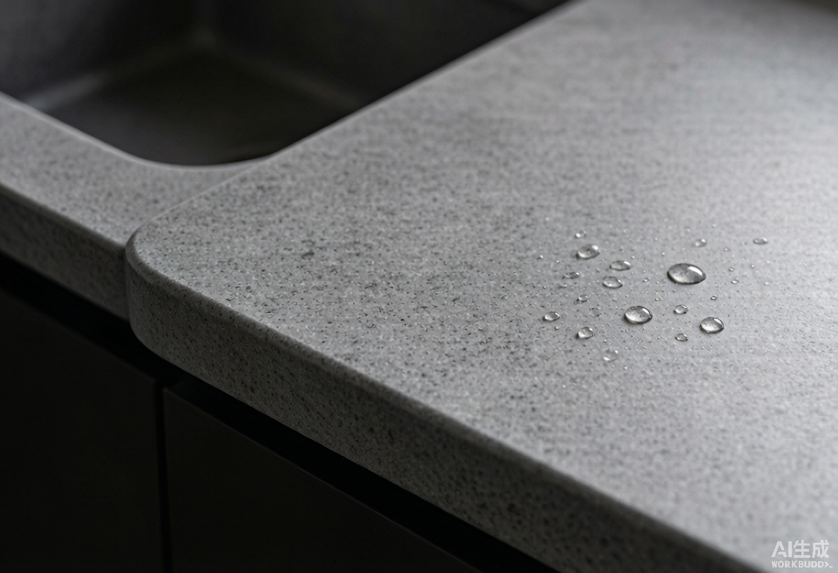 Detalle de encimera de piedra sinterizada gris con canto pulido y fregadero integrado