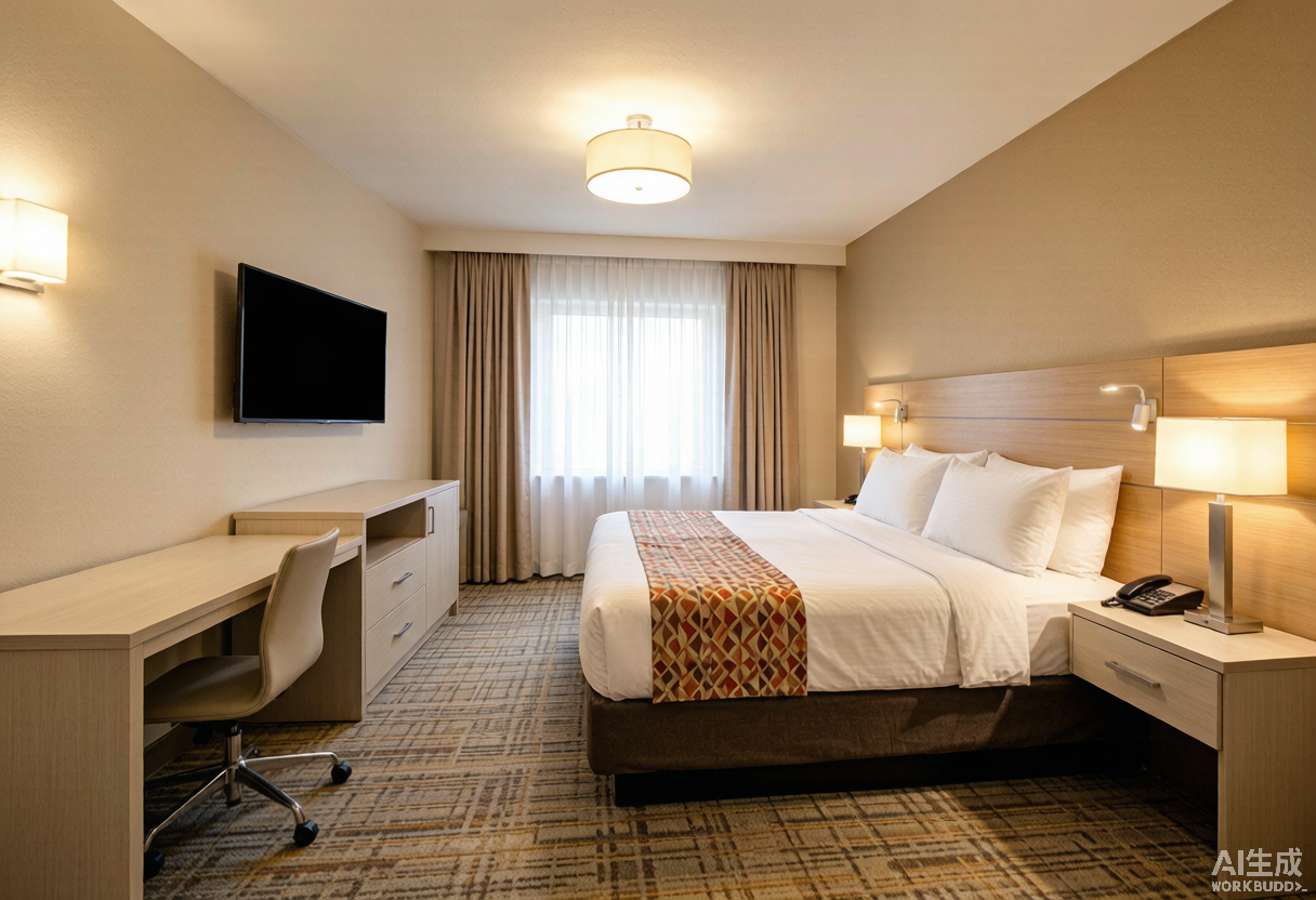 Habitación de hotel con mobiliario HPL de grado comercial, escritorio y cabecero resistentes