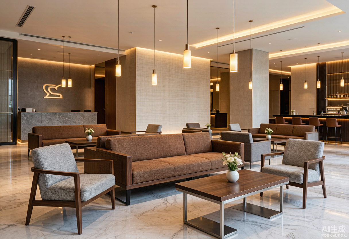 Lobby de hotel con asientos de grado comercial y materiales HPL resistentes de alto tráfico