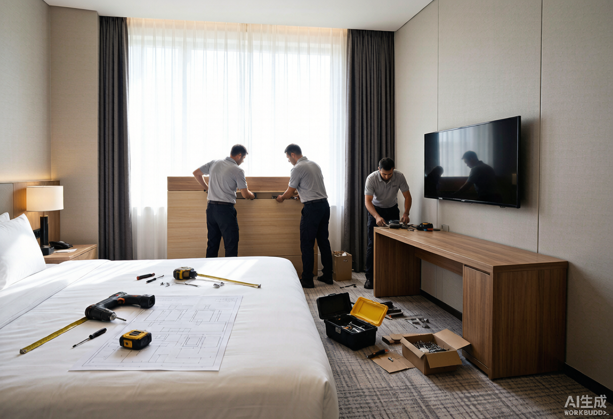 Equipo de instalación montando mobiliario FF&E en una habitación de hotel moderna