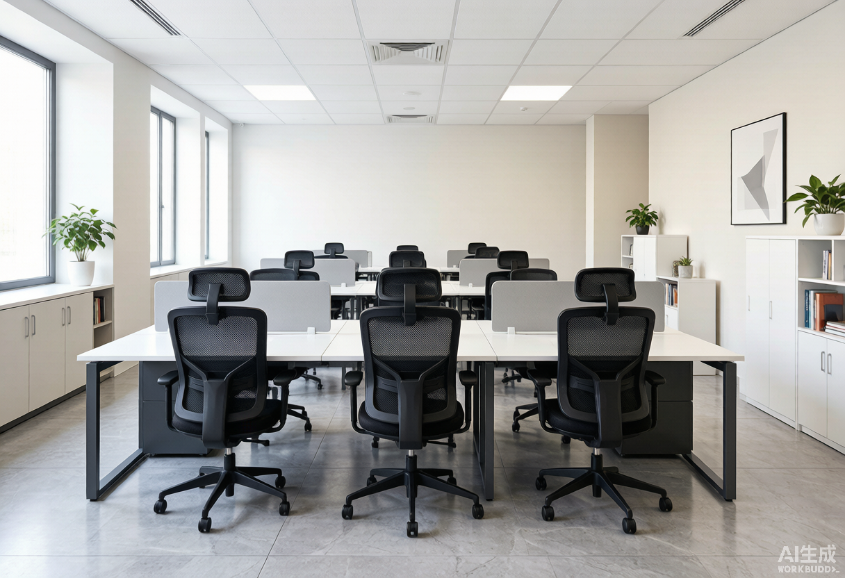Oficina moderna con sillas ergonómicas de gama media certificadas BIFMA en puestos de trabajo