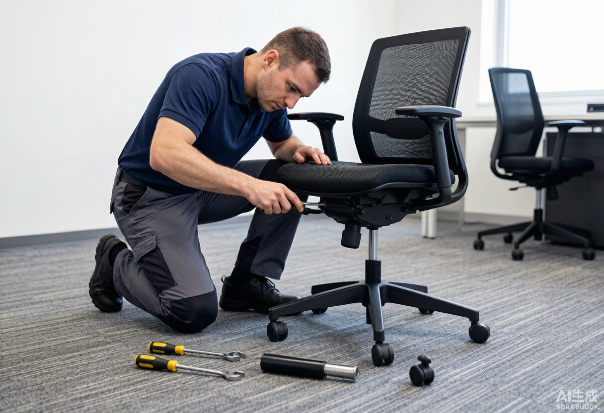 Empleado ajustando una silla ergonómica premium con soporte lumbar y reposabrazos 4D