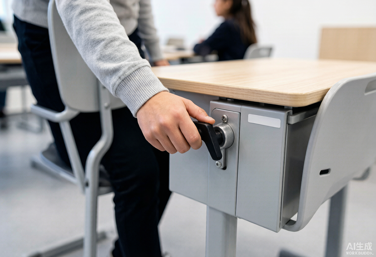 Estudiante ajustando la altura de su pupitre regulable con manivela en un aula flexible